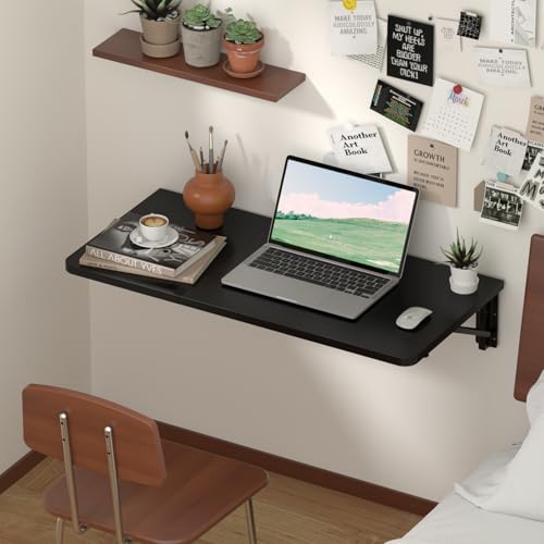 TEAMIX Wall Mounted Folding Desk for Small Spaces - Black, 29.9 x 15.7inch | Heavy-duty Brackets, Space-saving, Use as Home Office Computer Desk, Drop Leaf Dining Table, Laundry Shelf, or Balcony Table - color: Black, size: 29.9"W x 15.7"D