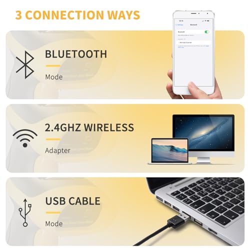 NetumScan Bluetooth Bar Code Scanner, 3 in 1 Automatic Wireless 1D Barcode Scanner Handheld USB CCD Barcode Reader for Store, Warehouse POS, Computer, Tablet, iPhone, iPad, Android - style: Bluetooth+2.4G Wireless-Yellow