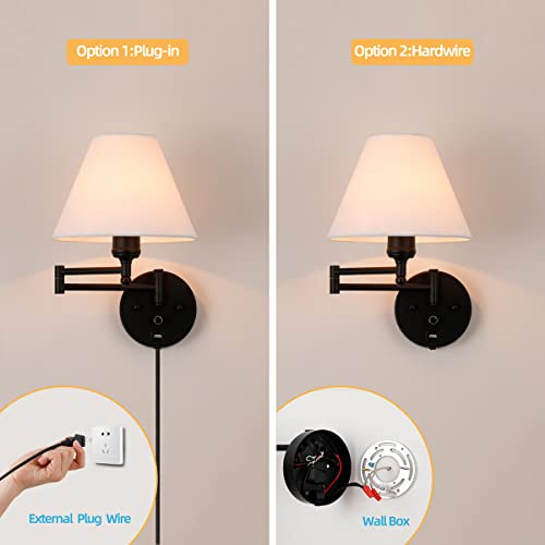 Swing Arm Wall Sconces, Plug-in Wall lamp,Bedroom Wall lamp , White Fabric Shade,,with dimmable Switch and USB Charging Port, Suitable for Bedside, Living Room, Reading (Black) - color: Black