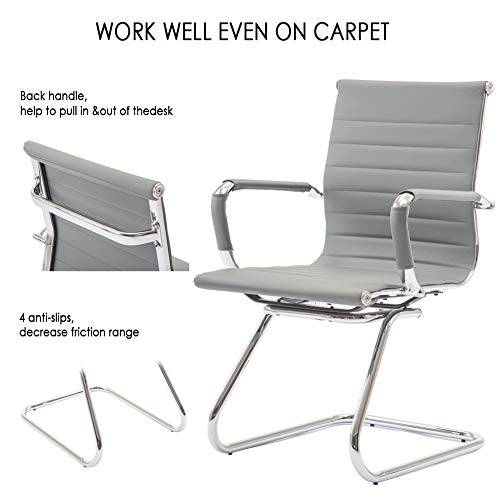 Conference Room Chairs Set of 2, Waiting Room Chairs with Arms, Faux Leather Reception Chairs No Wheels, Office Guest Chairs with Mid Back Support and Chrome Sled Base, Grey - color: Grey, size: 2PCS