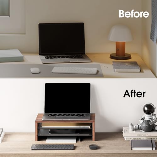 Fenge 14.3-Inch Monitor Stand with Slide-Out Trays, Wood & Metal Desk Shelf - color: Brown
