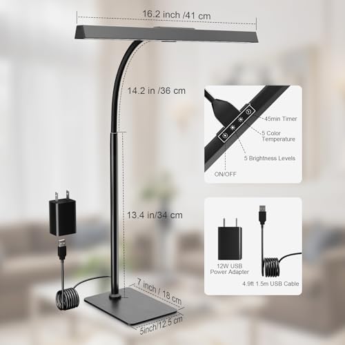 Kary 12W LED Desk Lamp for Home Office, Flexible Gooseneck Task Light Tall | Eye-Caring, Touch Control, 5 Dimmable Color & Brightness, Metal Base, 45 Min Timer, Memory Function, USB Adapter - color: Base-Black(1)