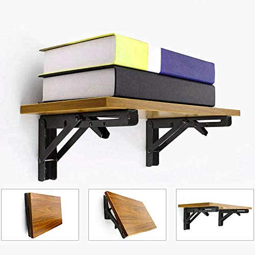 Storystore Folding Shelf Brackets - 14 Inch Heavy Duty Metal Collapsible Shelf Bracket for Bench Table, Shelf Hinge Wall Mounted Space Saving DIY Bracket, Max Load: 150 lb 2 PCS (Black) - size: 14 Inch