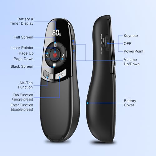 Presentation Clicker for PowerPoint with Red Laser Pointer and Timer, Wireless Clicker for Laptop Presentations Remote, Power Point Remote Clicker for Computer/Mac/PPT/Google Slide Advancer - size: Red-Timer-Battery Display