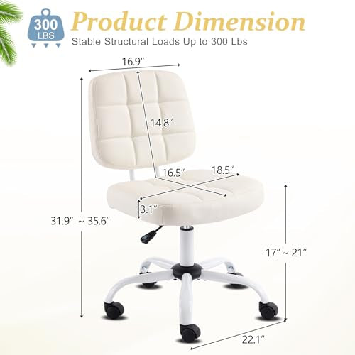 VINGLI Compact Small Desk Chair, Cute Armless Chair with Wheels, Vanity Chair with Low Back, Height Adjustable Task Chair for Small Spaces, Office, Bedroom, Make Up Room, PU Leather, White - color: White