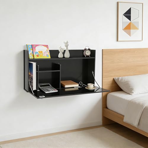 Wall Mounted Desk, Modern Floating Computer Desks with Keyboard Tray, Lockable Fold Down Wall Desk Space Saving Table Workstation for Bedroom Study Room Small Space(White)