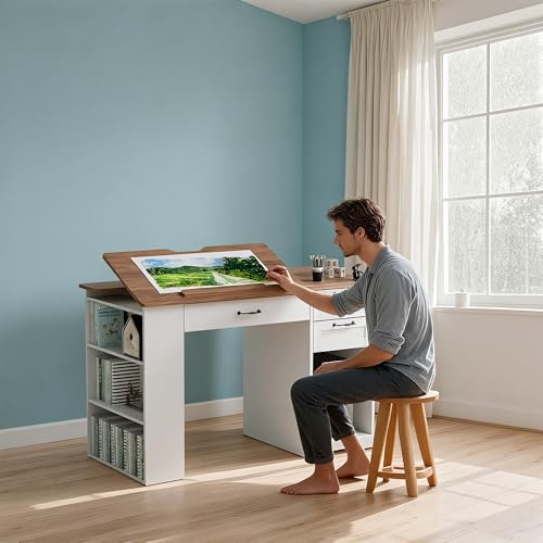 Drafting Table with Storage Cabinet & Drawers, Adjustable Drawing Desk with Open Shelves, Craft Table Painting Desk for Artists, Painters, Drawing, Crafting, Reading, Writing, Working - color: White