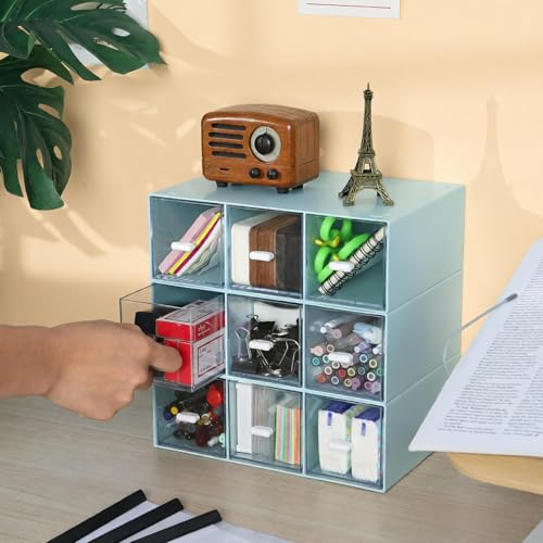 Desktop Organizer With 9 Drawers, Pencil Box, Stationary Organizer | 3 Tiers Blue, Plastic Mini Drawers, Small Pen Storage Boxes, Toolbox, Stackable Makeup Organizer, Stationary Organizer - color: 3 Tall Layers & 9 Drawers, Blue