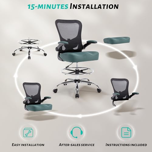 500LBS Ergonomic Drafting Chair Tall Office Chair for Counter Height or Standing Desk, Executive High Office Chairs with W-Shaped Thick Seat Cushion, Footrest Ring & Breathable Mesh, Dark Green - color: Black Frame Dark Green Fabric