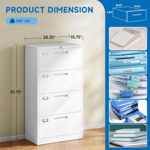 BYNSOE 4 Drawer File Cabinet with Lock Metal Lateral File Storage Cabinet Office Home Steel Lateral File Cabinet for A4 Legal/Letter Size Wide File Cabinet Locked,Assembly Required (4 Drawer, White) - color: White, size: 4 Drawers