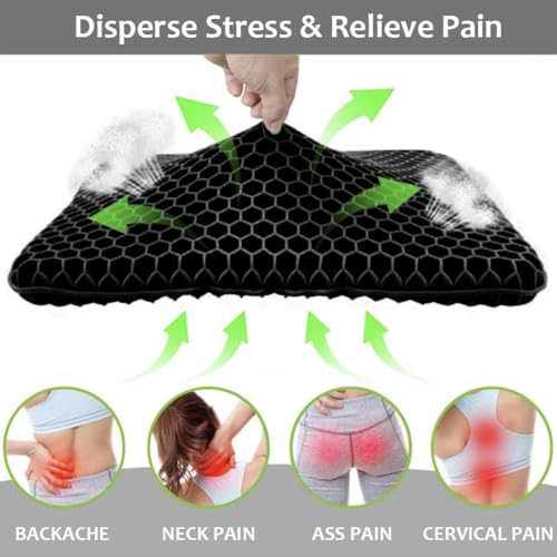 Gel Seat Cushion for Long Sitting, Double Thick, Pressure Relief | Cooling, Soft&Breathable | Sciatica, Hip&Coccyx Pain Relief | Gel Cushion for Office Chair, Home, Car, Wheelchair | Anti-Slip - color: Black