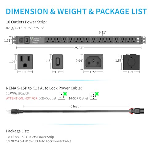 Surge Protector Power Strip, 16 Outlet Metal PDU Power Strip, 6 Feet - size: 6 FT