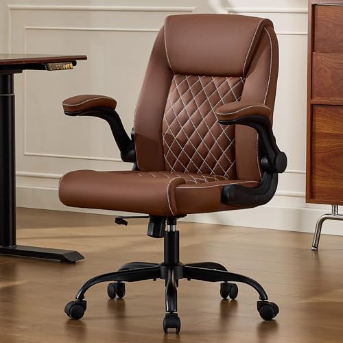 Executive Office Chair with Lumbar Support & Flip-up Arms, Brown | Ergonomic Desk Chair, 90–115° Tilt & Rocking, 20.1" Wide Seat, PU Leather, for Home Offices & Conference Rooms, 300Lbs - color: Brown
