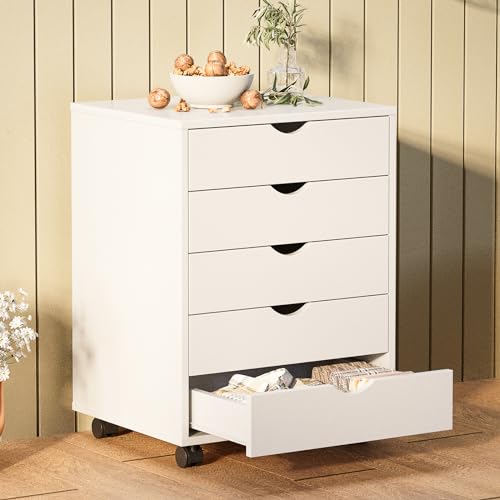 Sweetcrispy 5 Drawers Rolling Storage Cabinet, Mobile Wood Under Desk Drawer Organizer Chest with Wheels, Vertical Storage Unit for Home Office, Craft Room & Kitchen, White