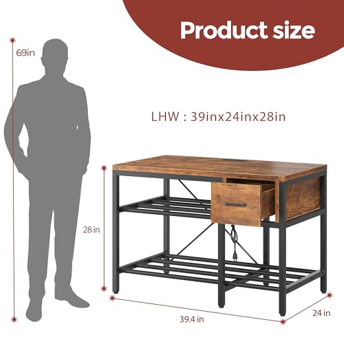 3D Printer Stand with Filament Storage – Heavy Duty Metal 3D Printer Table with Drawer and Power Hub for Workshop, Studio, and Office - color: Brown, size: 39.4" x 24" x 28" H