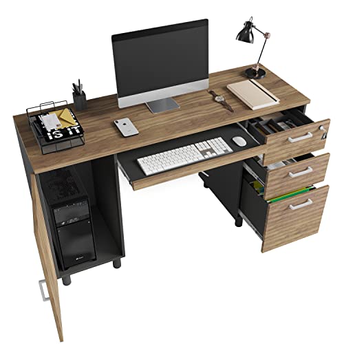 Modern Design Venice Computer Desk with Lockable Drawers, 53 Inch Home Office Desk with Storage Cabinet, Keyboard Tray & Cable Management, Modern Study Writing Desk for Small Spaces, Walnut and Black - color: Walnut Black