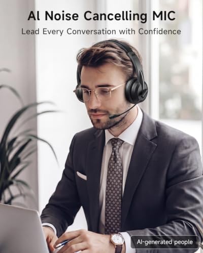 AOC Wireless Headset with Mic for Work, Bluetooth 5.4 Wireless Headset with AI Noise Canceling Mics, USB A/C Dongle, Charging Base & Mic Mute, Wireless Headphones for Laptop, PC (Classic Black) | AI Noise-Canceling, USB-A/C Dongle, Flip-to-Mute, Multipoin