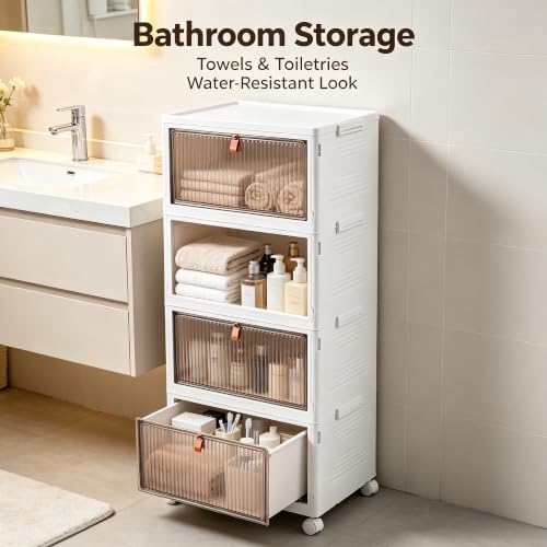 4-Tier Foldable Plastic Drawer Storage with Wheels,Stackable Storage Bins with Lid,Organization and Storage Boxes for Kitchen,Cloakroom,Closet,Living Room,Office and Dorm - size: 15.35''