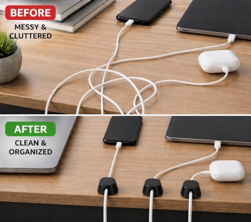 6-Pack Magnetic Cable Clips, Strong Adhesive Cord Holder for Desk, Nightstand, Car & Cable Management, Black - color: Black