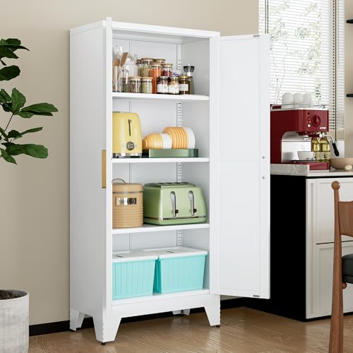LCAOPC 61" Tall Metal Storage Cabinet with 2 Doors and 3 Adjustable Shelves, 4-Tier Kitchen Pantry Storage Cabinet for Kitchen, Living Room, Dining Room and Office, White - color: White, size: 61"H-2 Doors