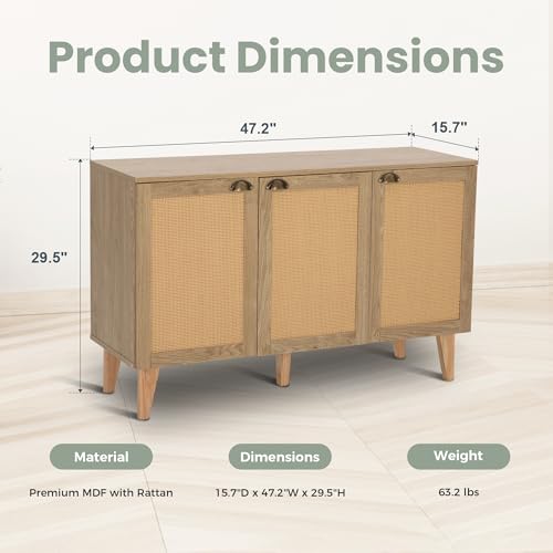 PHI VILLA 3 Door Rattan Cabinet, Buffet Sideboard Cabinets - color: Rattan 1