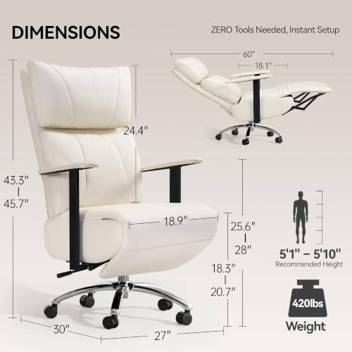 OKUP M30 Reclining Office Chair with Footrest, 170ยฐ Near-Flat, Cream