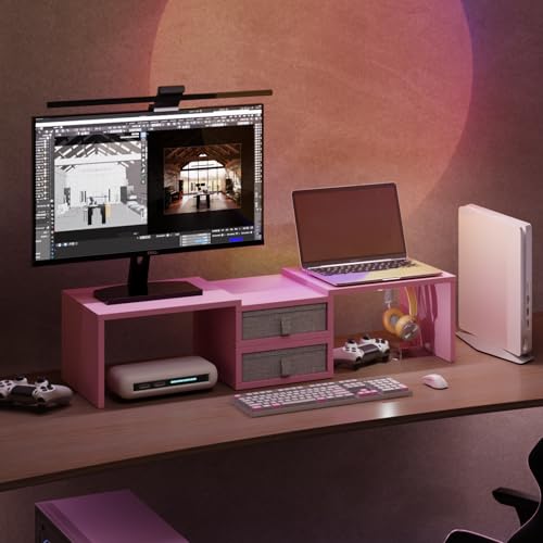 TEAMIX Pink Dual Monitor Stand Riser with 2 Drawers - Length and Angle Adjustable Double Corner Desk Shelf Organizer 37 inch for 2 Laptop/PC/Screen/TV (2 Drawers - 8''H)