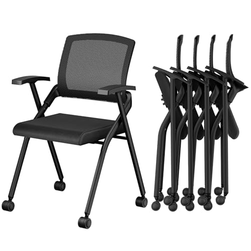 Folding Office Chair with Wheels & Cushion, Stackable Chair with Breathable Mesh Back for Conference Guest Reception, Seminar Training Classroom - color: Folding Chair With Wheels