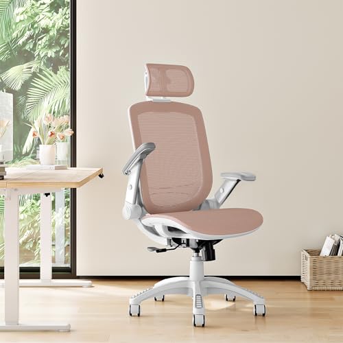 GABRYLLY Ergonomic Office Chair, High Back Home Desk Chair with 2D Flip-Up Arms, 3D Headrest, 90-120° Tilt and Wide Cushion, Big and Tall Mesh Chairs for Man Woman, White Computer Task Chair Pink - color: White Frame Pink Mesh