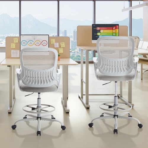 Sweetcrispy Tall Drafting Chair, High Office Desk Chair with Footrest | Comfy Lumbar Support, Counter Height Adjustable, Fixed Arms, 360° Computer Rolling Stool, Grey - color: Grey, size: 45 inches (H) x 23.62 inches (W) x 24.2 inches (L)