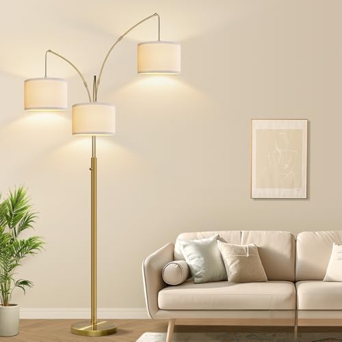 Dimmable Floor Lamp, 3 Lights Brass Arc Floor Lamp, Modern Tall Standing Tree Lamp with Beige Linen Shades & Heavy Base, 3000LM LED Bulbs, Bright Lighting for Living Room, Bedroom, Office & Reading - color: Brass-White Shade