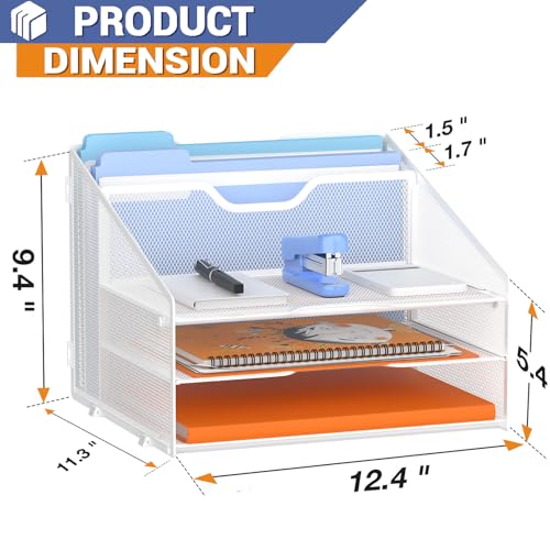 GAWERK Letter Tray Organizer, Mesh Desk File Organizer with 3 Paper Trays and 2 Vertical Upright Section (White) - color: White