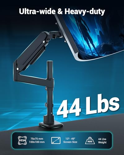 Heavy Duty Monitor Arm for 13-49 Inch Ultrawide Screens, Holds Up to 44lbs, Fully Adjustable Single Monitor Mount, with Clamp & Grommet Base, 75/100mm VESA Desk Mount, Black - color: Black, size: Single