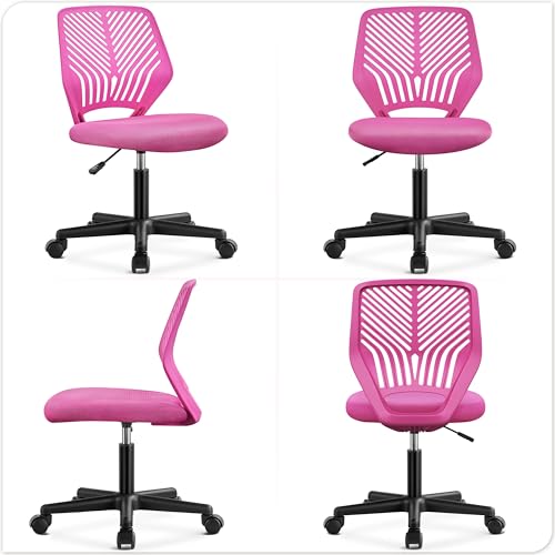 Yaheetech Small Desk Chair, Armless Adjustable Swivel Seat, Rose Red | Padded mesh seat and ventilated resin back, compact armless frame rolls and adjusts for study and small desks, holds 300 lb. - color: Rose Red