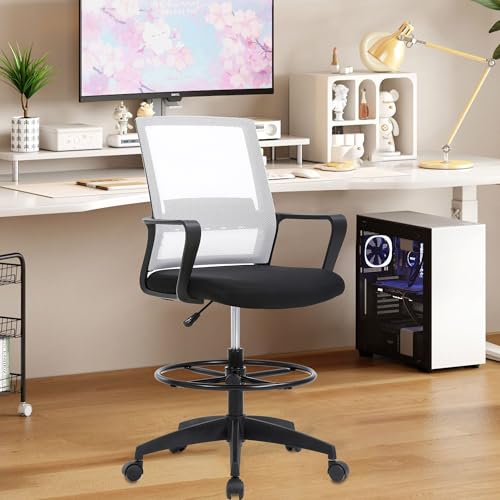 BestOffice Drafting Chair Tall Office Chair Adjustable Swivel Rolling Mesh Height with Lumbar Support Arms Footrest Mid Back for Adults Standing Desk Drafting Stool (Beige) - color: Beige