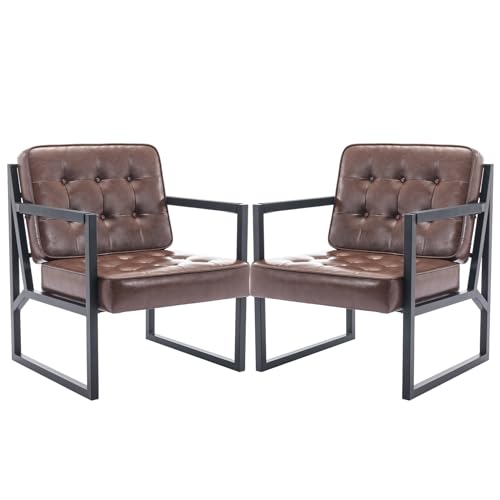 COLAMY Mid Century Modern Accent Chair Set of 2, Comfy Living Room Chair, Brown Leather Accent Chair, Faux Leather Reception Armchair with Metal Legs for Living Room Bedroom Reception Office, Brown - color: Brown, size: Set of 2
