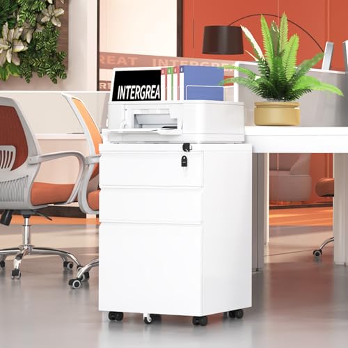 INTERGREAT 3 Drawer Mobile File Cabinet with Lock, Metal Filing Cabinets for Home Office, Rolling Under Desk Organizer for Letters/Legal/A4, (Fully Assembled-White) - color: White, size: 3 Drawers-Mobile