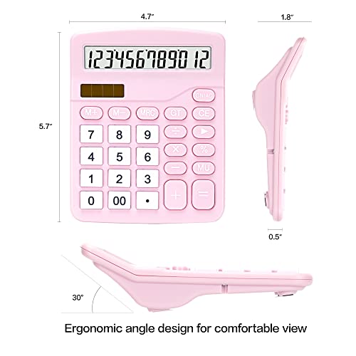 Calculator, Deli Standard Function Desktop Calculators with 12 Digit Large LCD Display and Sensitive Button, Solar Battery Dual Power Office Calculator, Pink - color: Pink