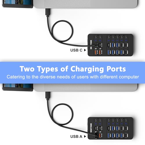 Powered USB Hub,14 Ports USB Data Hub Splitter with 6 USB 3.0 Port,4 Charging Port,1 USB-C 3.0 Data Port,1 PD 60W Charging Port w LED Individual On/Off Switches for MacBook,Mac Pro,Laptop/PC