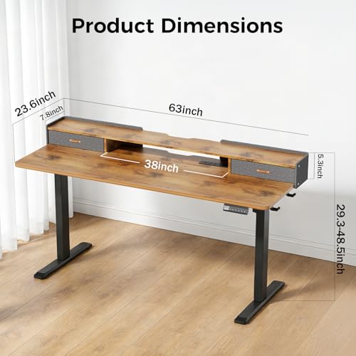 Electric Standing Desk with Drawers, 63 Inch Height Adjustable Desk with Power Outlets & LED Lights, Sit Stand Table with Monitor Stand for Home, Office, Brown - color: Brown, size: 63×24 Inch Rectangular with Drawers