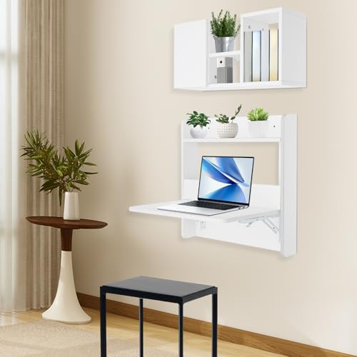 Wall Mounted Folding Desk, Solid Wood Floating Laptop Desk with Wall Mounted Bookshelf for Living Room Coffee Shop Apartments, 88lbs Table Load-Bearing (White) - color: White