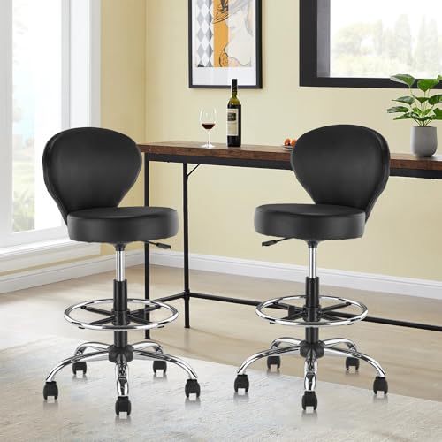 KLASIKA Black PVC Faux Leather Drafting Chair Set of 4 Rolling Swivel Salon Stool with Back Support Foot Rest Adjustable Hydraulic Seat Height for Massage Facial Spa Medical Drafting Tattoo Beauty - color: Round Backrest, size: 4PK