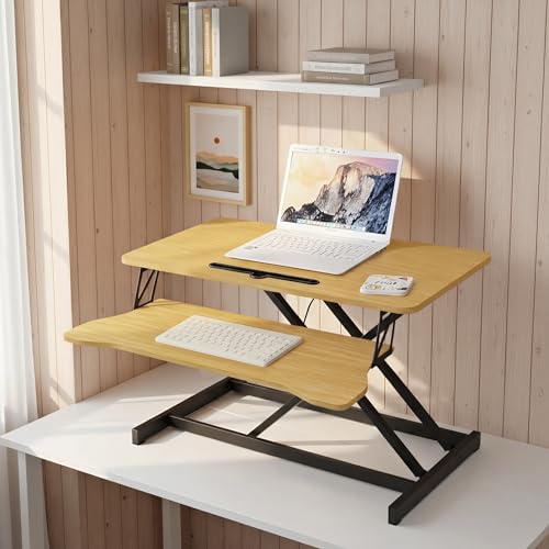 32 Inch Desk Converter Standing Computer Desk, Height Adjustable Sit to Stand Riser, Dual Monitor and Laptop Workstation with Wide Keyboard Tray (Natural) - color: Natural