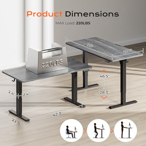Huuger 55 x 28 Large Electric Standing Desk, Height Adjustable Desk, 27.6" Deep Desktop, Stand up Gaming Computer Office Desk with 2 Hooks, 3 Preset Heights, for Home Office, Grey - color: Grey, size: 55*28 inch (no outlets)