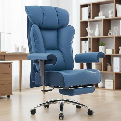 Efomao Big and Tall Office Chair 400lbs - Heavy Duty Executive Desk Chair with Foot Rest & 23" Wide Seat - High Back Ergonomic Leather Computer Chair for Heavy People, Home Office, Blue - color: 3060-blue
