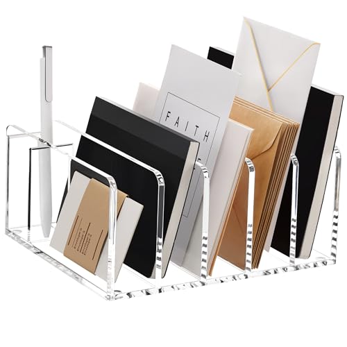 SANRUI Clear Acrylic Mail Organizer with 5 Compartments and 1 Pen Holder - size: 5 Slots with Pen Holder