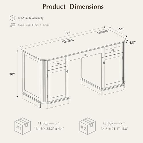 59" Classic Executive Desk with Storage, Victorian Executive Desk with Charging Station, Keyboard Tray, 3 Drawers & 2 Cabinet Storage & 2 Pedestals, Easy Assembly, Black - color: Black