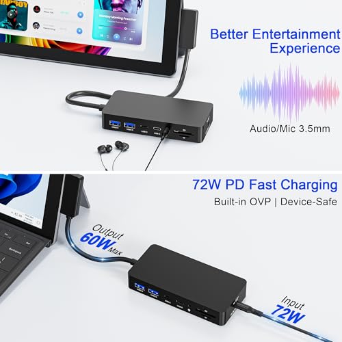 Surface Docking Station 12-in-1, Triple Display 4K@60Hz Dock with HDMI, DP, USB-C, 4-Screen Support, 4 USB Ports, SD/TF, Audio for Surface Pro 11/10/9/8/7, Surface Laptop, Book, Go - color: HDMI+DP+USB-C Surface Dock