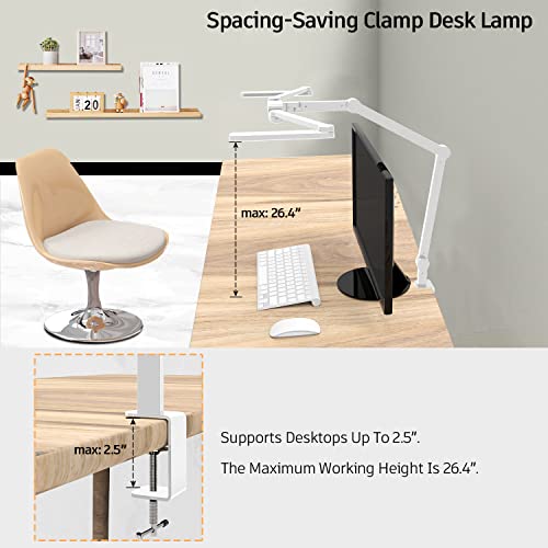EPABINA LED Desk Lamp for Home Office, 41.5" White Clip on Architect Desk Lamp with Clamp, 24W Adjustable Dimmable Bright Swing Arm Eye Care LED Table Light Clamp on Office Lighting - color: White+9 rotatable parts