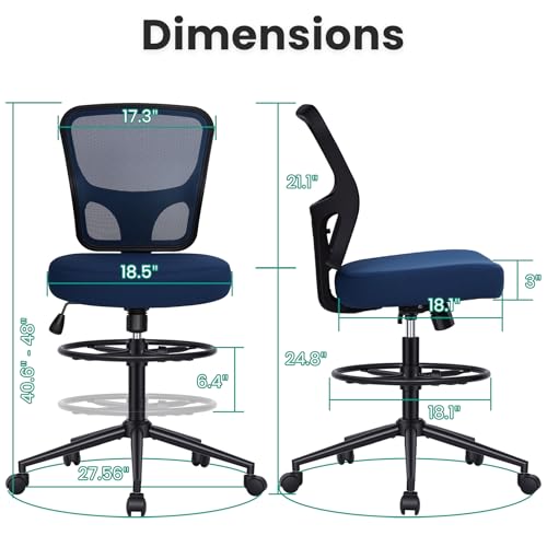 Armless Drafting Chair Tall Office Chair for Standing Desk - Adjustable Height Mesh Ergonomic Stool with Foot Ring, Rolling Counter Height Computer Chair for Small Spaces & Home Office - color: Navy